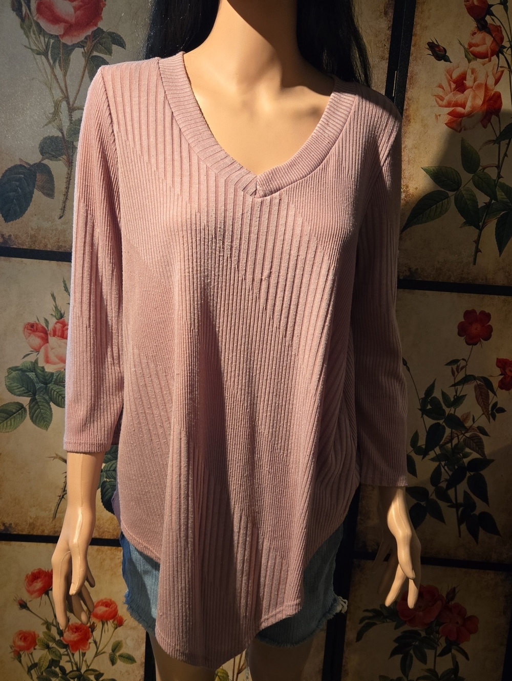 V-Neck Ribbed Long Sleeve Sweater Top - Dusty Pink: E